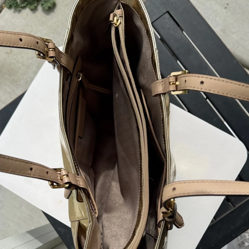 Michael Kors Gold Metallic Embossed MK Tote with Tan Handles - Picture 10 of 13